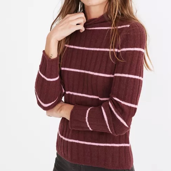 Madewell Sweaters - Madewell Evercrest Turtleneck Sweater Medium Burgundy Pink Women's Striped NEW